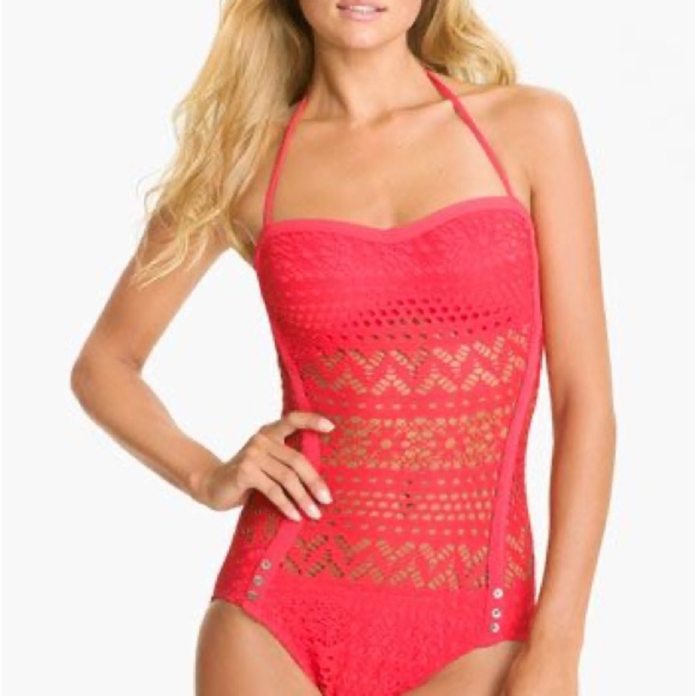 Robin Piccone Bright Red Crochet One-Piece Swimsuit NWOT
